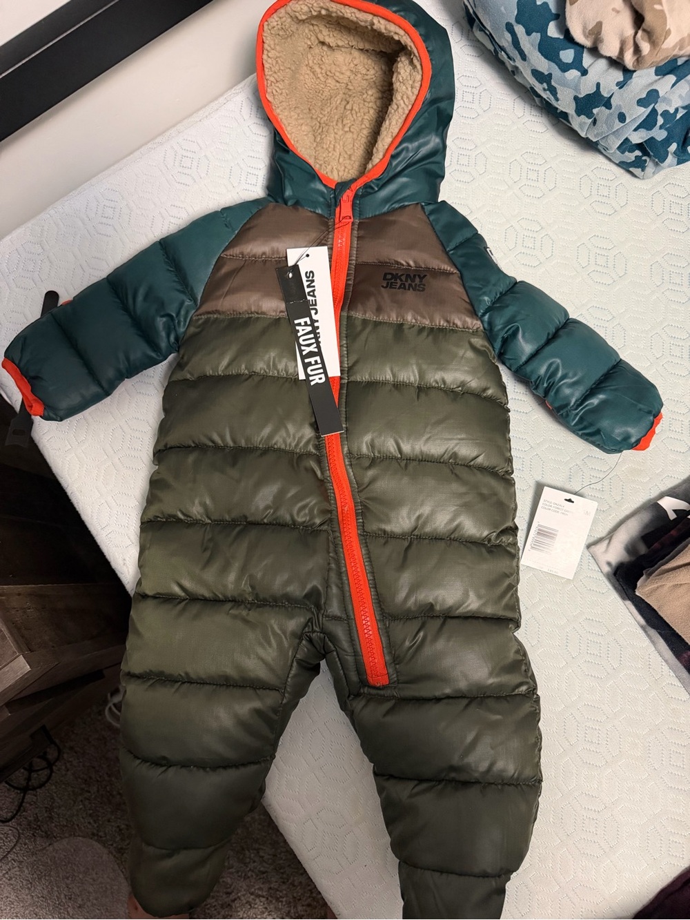 DKNY Kids Olive Green & Teal Puffer Hooded Snowsuit with Orange Trim
